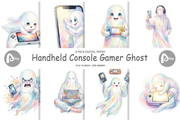 Download Watercolor Gamer Ghost Digital Paper - Game Collection
